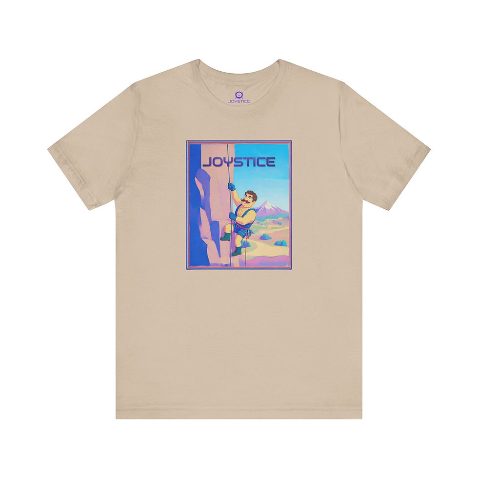 Thumbnail: Funny rock climber hanging from rope dark tan shirt front view.