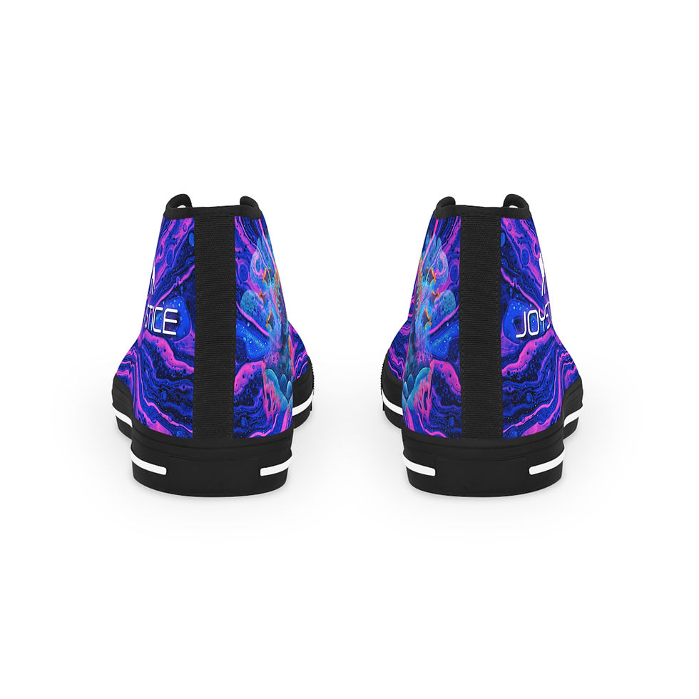 Thumbnail: Purple and pink swirl with coral black high-top sneaker style shoes both shoes back view.