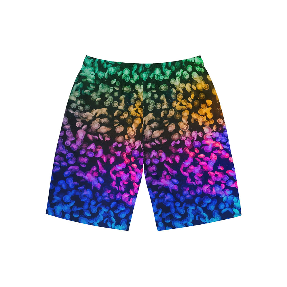 Colorful jellyfish joyful lion logo beach board shorts back view.