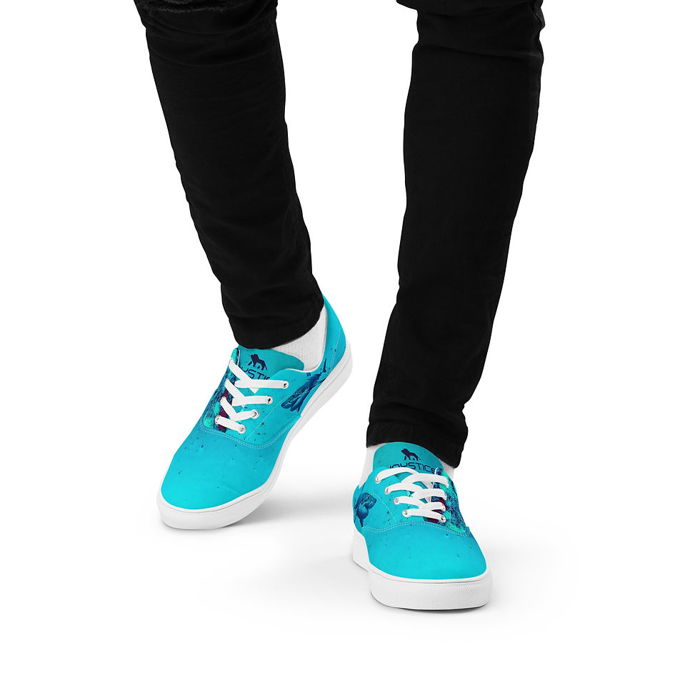 Thumbnail: Bright blue shoe with fierce lion emblem logo and shark shoes model wearing view.