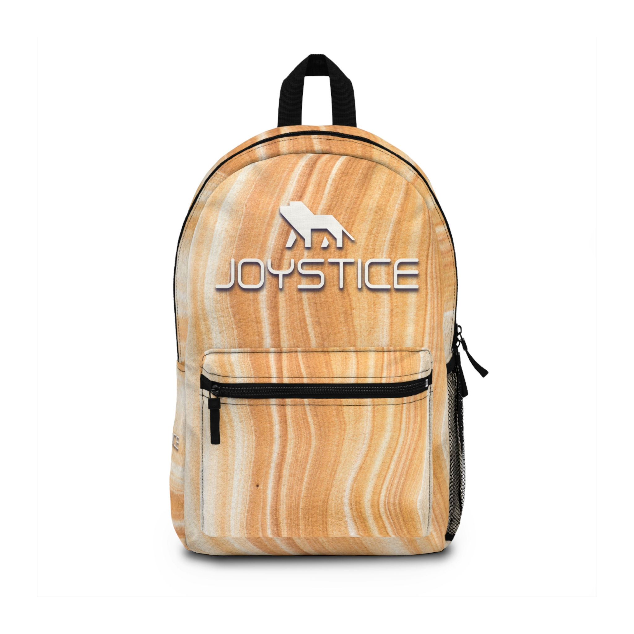Sand with white sandy stripes and fierce lion logo backpack front view.