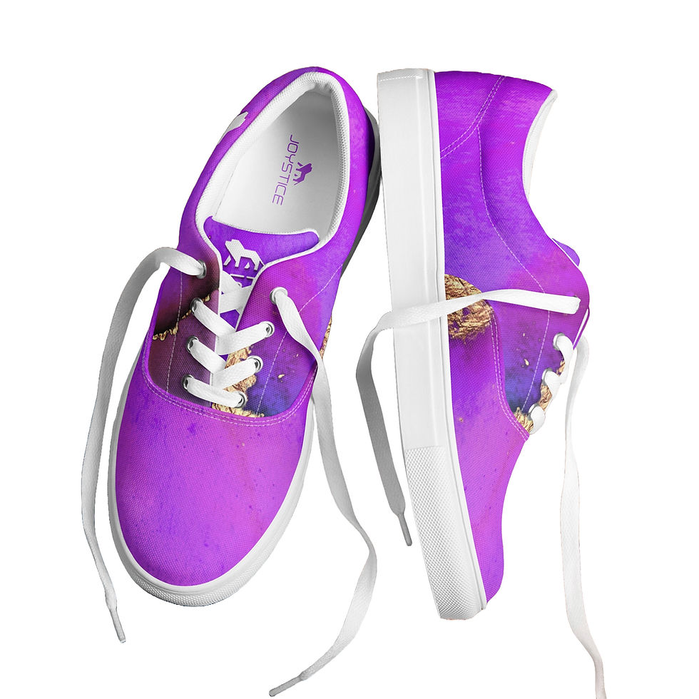 Thumbnail: Fierce lion logo vivid purple with molten lava stripe shoes unlaced view.
