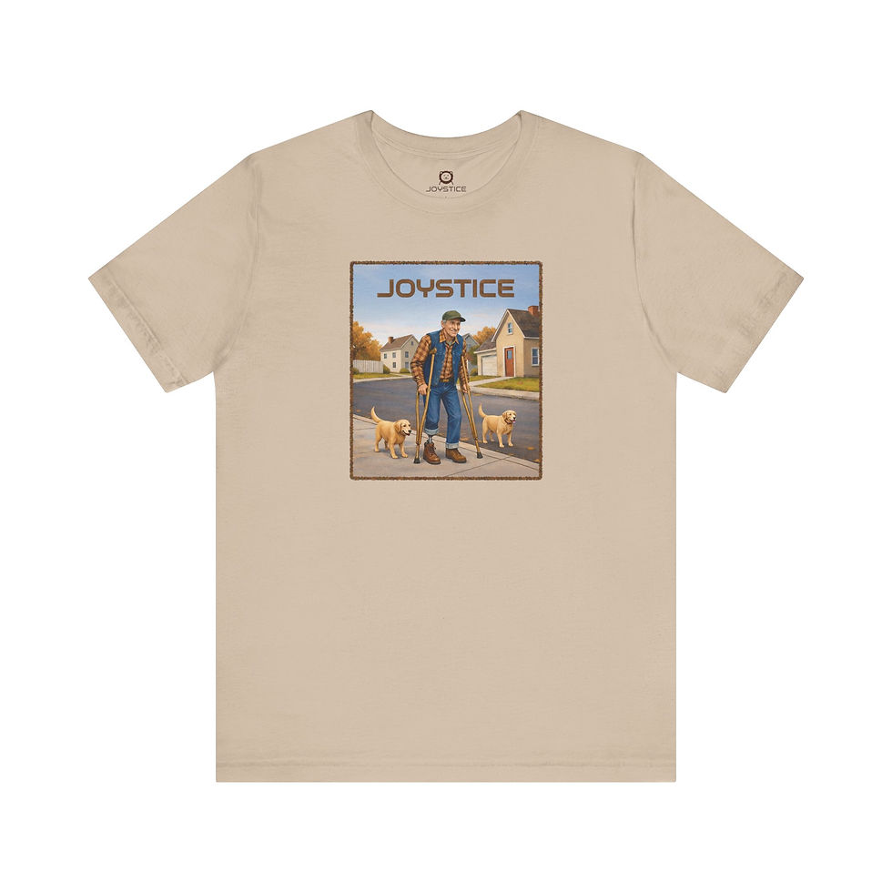 Funny elderly man with prosthetic leg and crutches walking his dogs light brown color tee shirt.