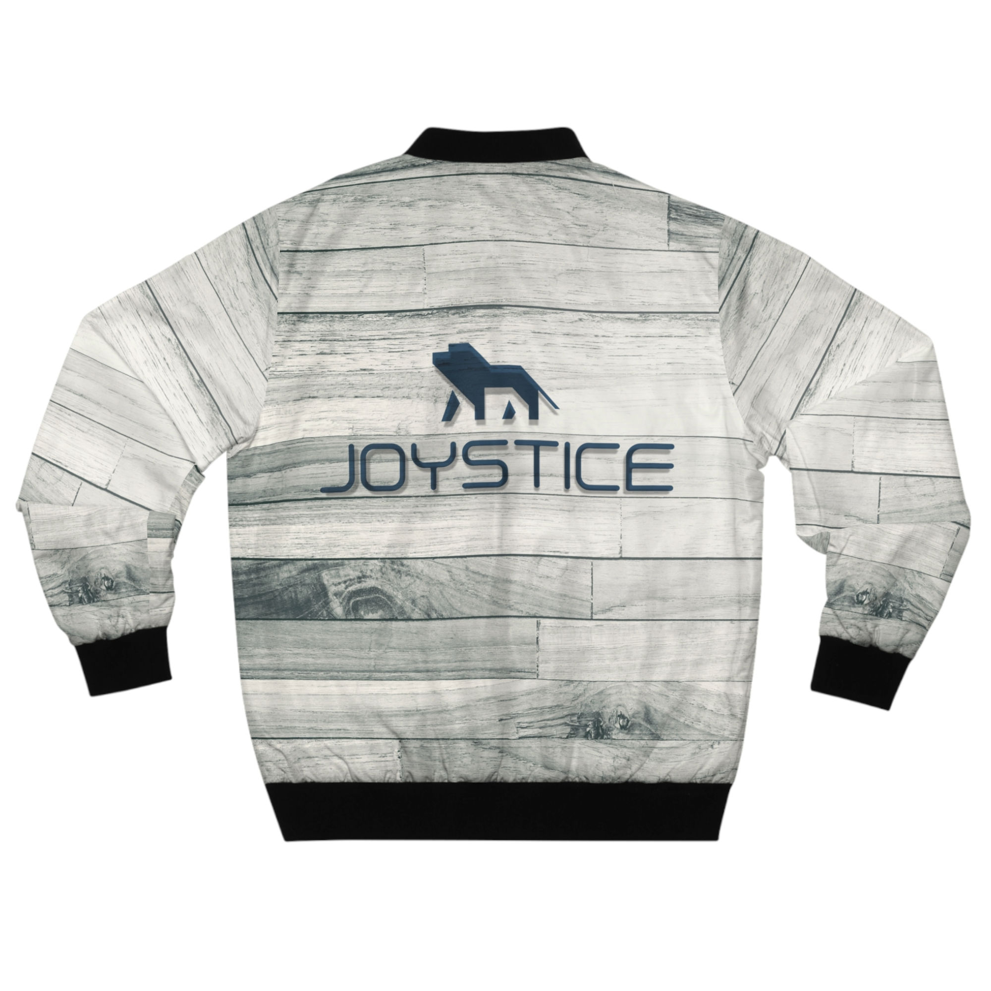 Fierce lion logo on wood grain plank design print jacket back view.
