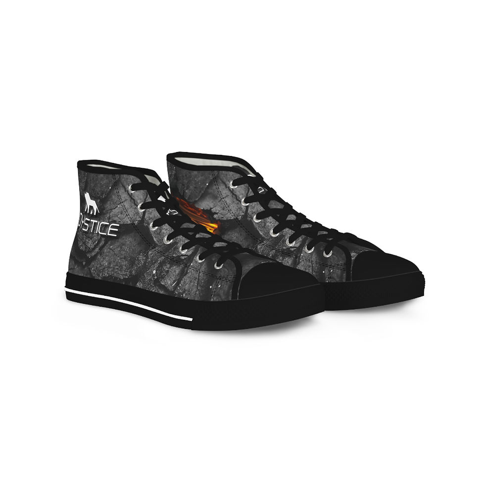 Thumbnail: Fierce lion logo on charred volcanic ground design sneakers both sneakers angle view.