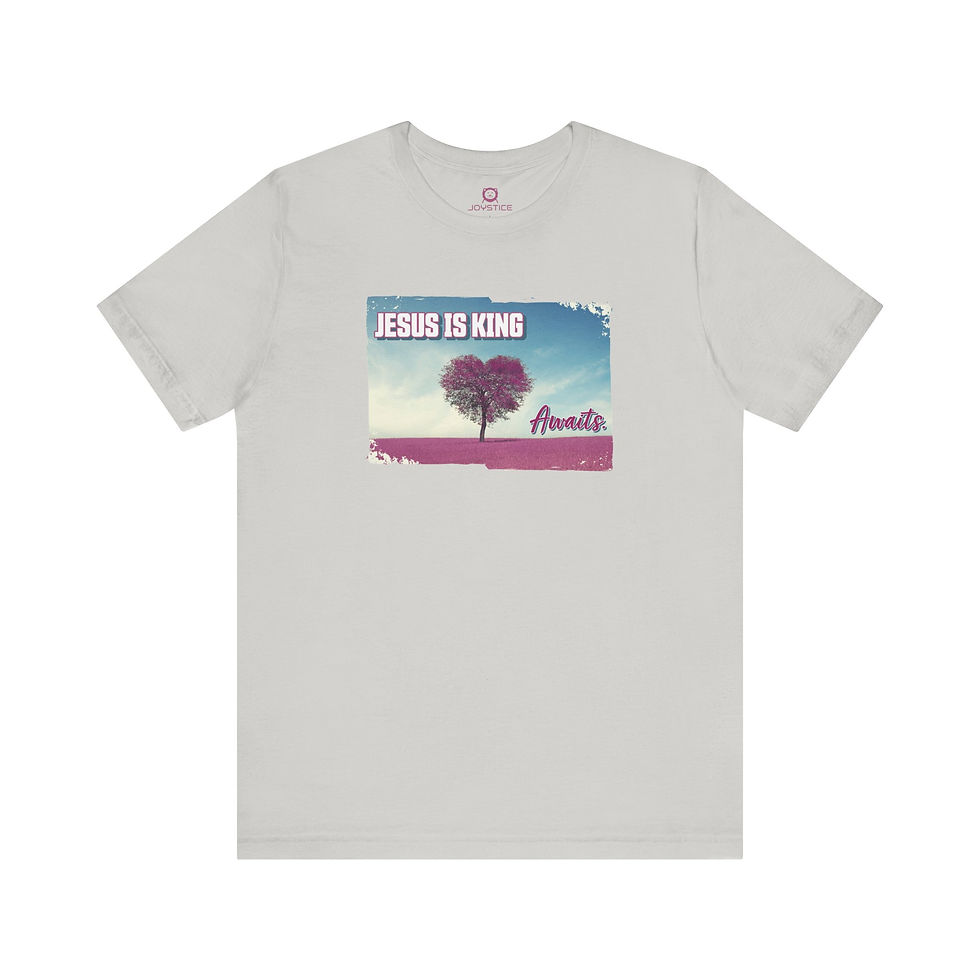 Thumbnail: Jesus Is King Awaits text purple heart tree print silver grey shirt front view.