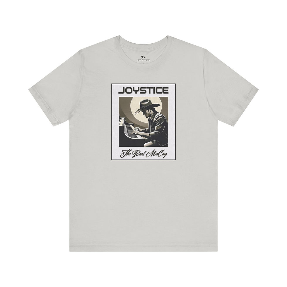 Thumbnail: Funny charming Real McCoy cowboy playing piano on canvas print light grey color shirt front view.