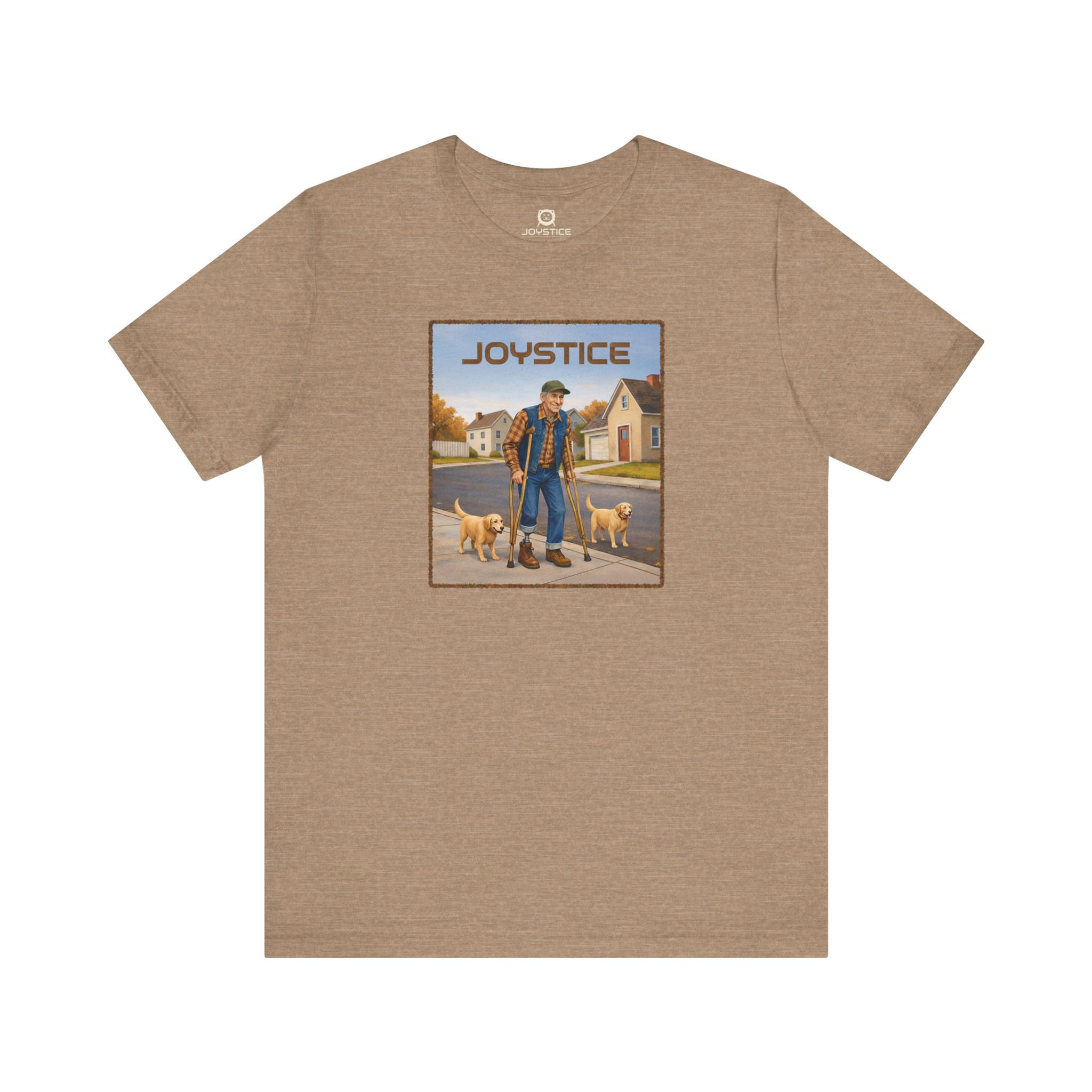 Funny elderly man with prosthetic leg and crutches walking his dogs heather light brown tee shirt.