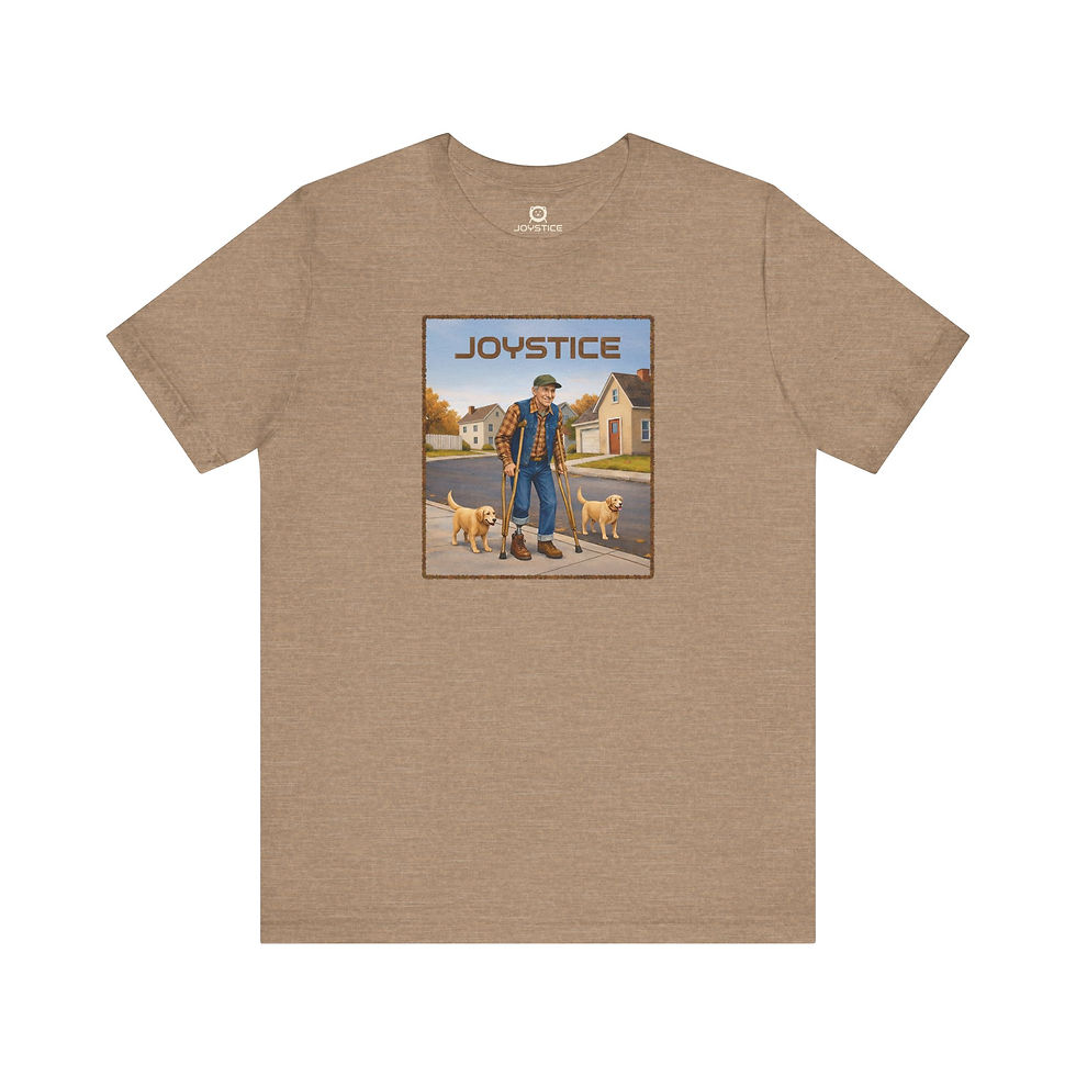 Thumbnail: Funny elderly man with prosthetic leg and crutches walking his dogs heather light brown tee shirt.