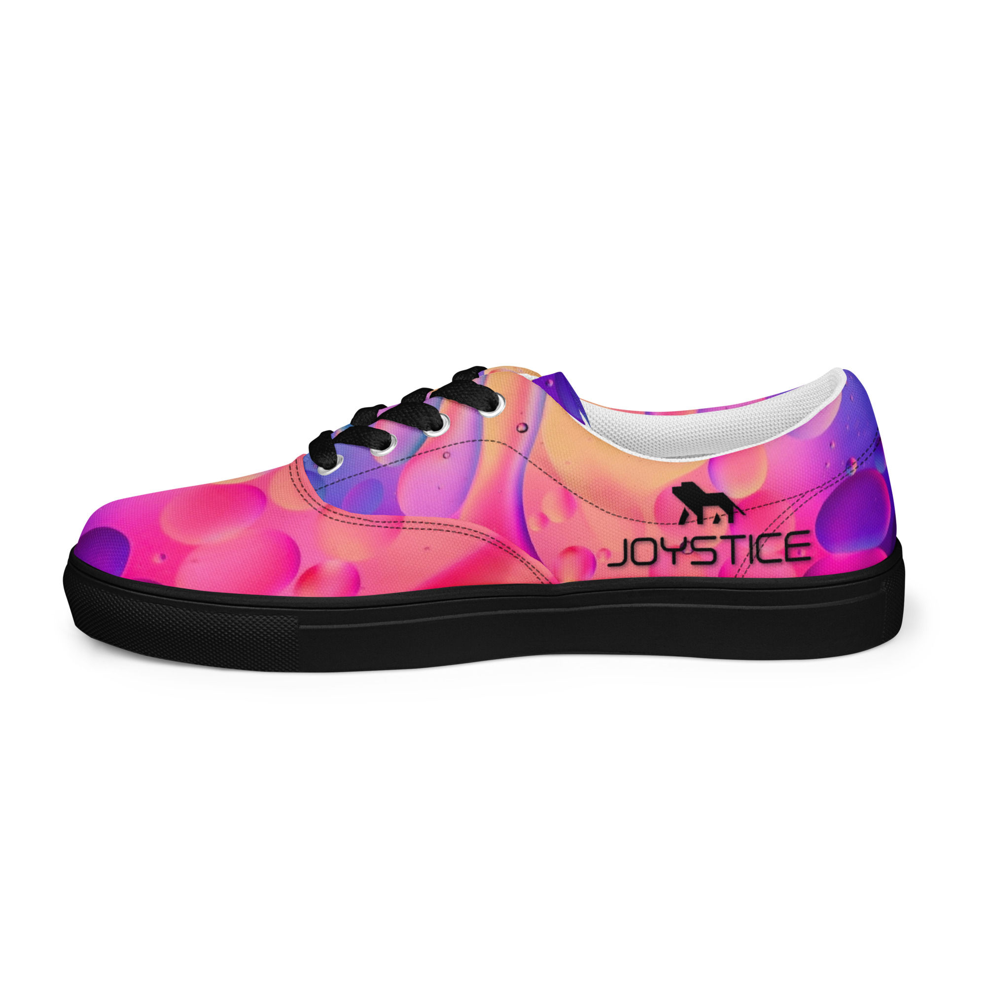 Bright multi pink and purple color swirl low profile design shoes with fierce lion emblem logo left outside view.