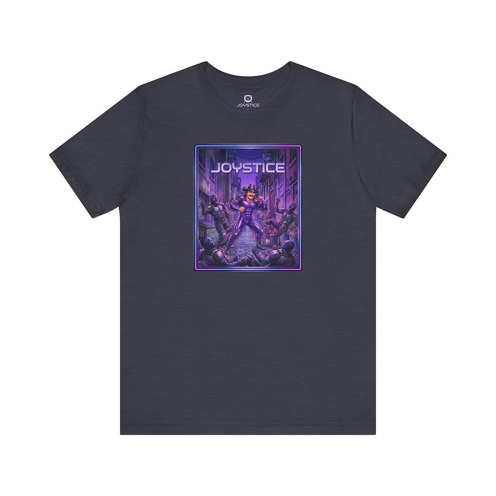 Funny neon purple wrestler looking superhero character fighting criminals in the alley dark charcoal grey color shirt.