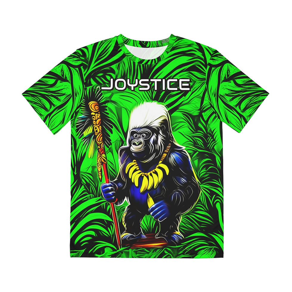 Funny gorilla wearing banana necklace in vivid green foliage all over print graphic shirt front view.