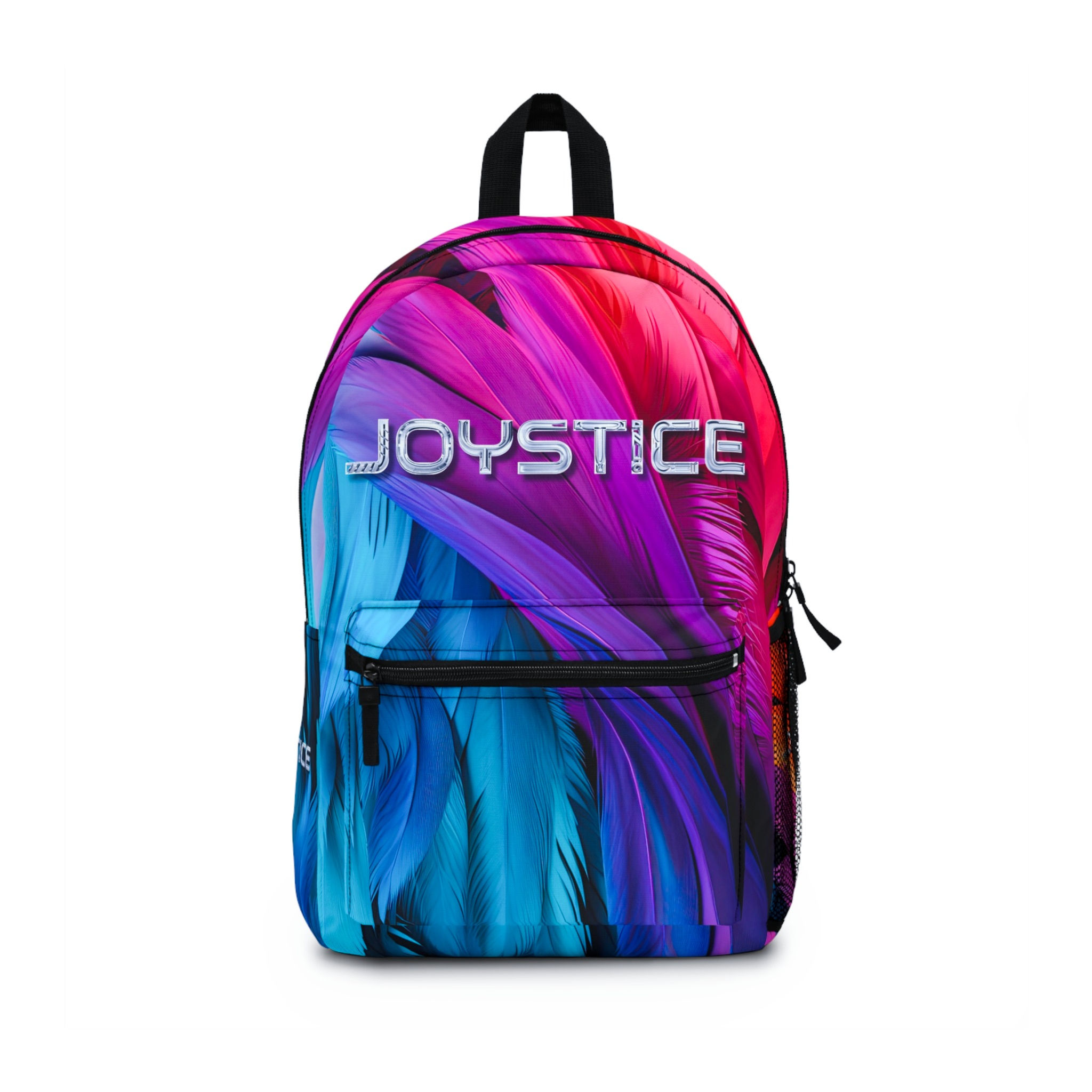 Bright colored feathers and Joystice chrome logo backpack front view.