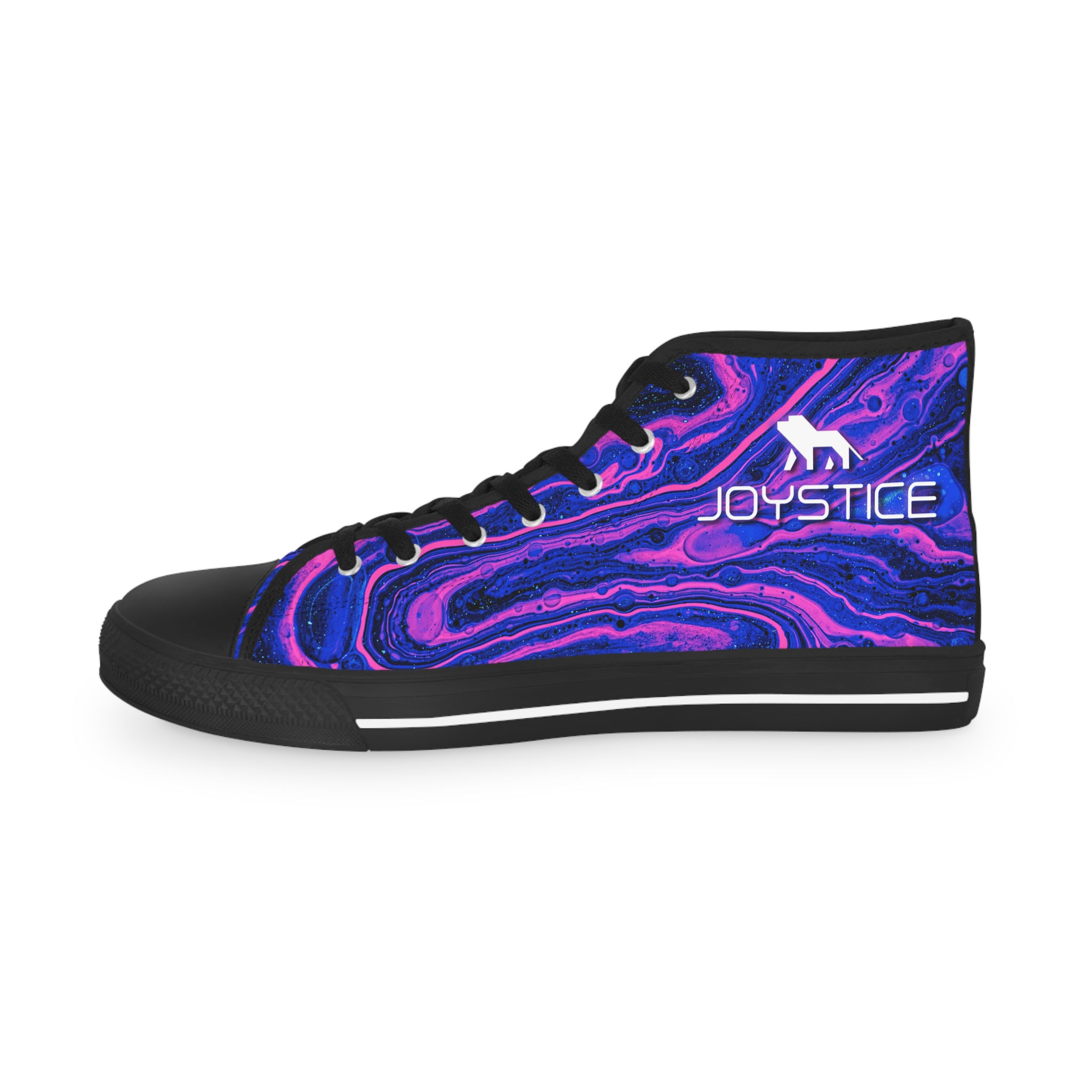 Purple and pink swirl with coral black high-top sneaker style shoes outside front left view.