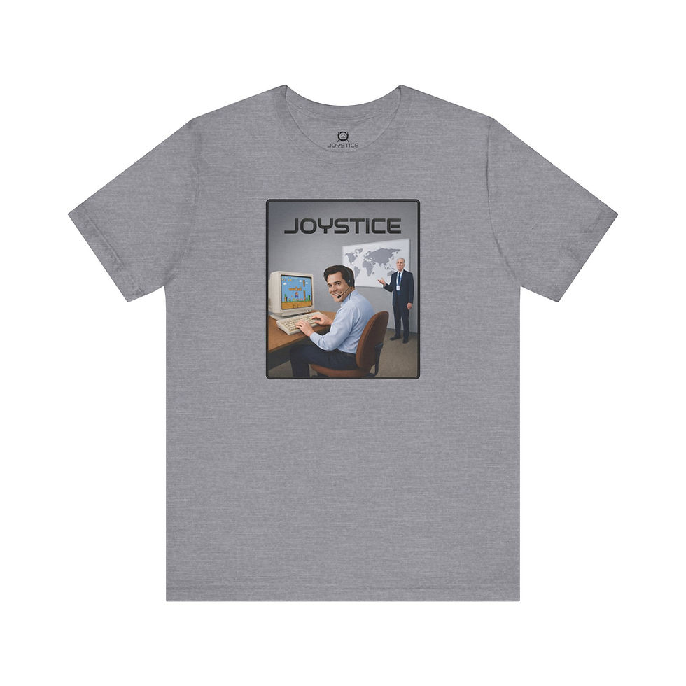 Call center operator sitting on his computer playing video game on computer heather grey color tee.