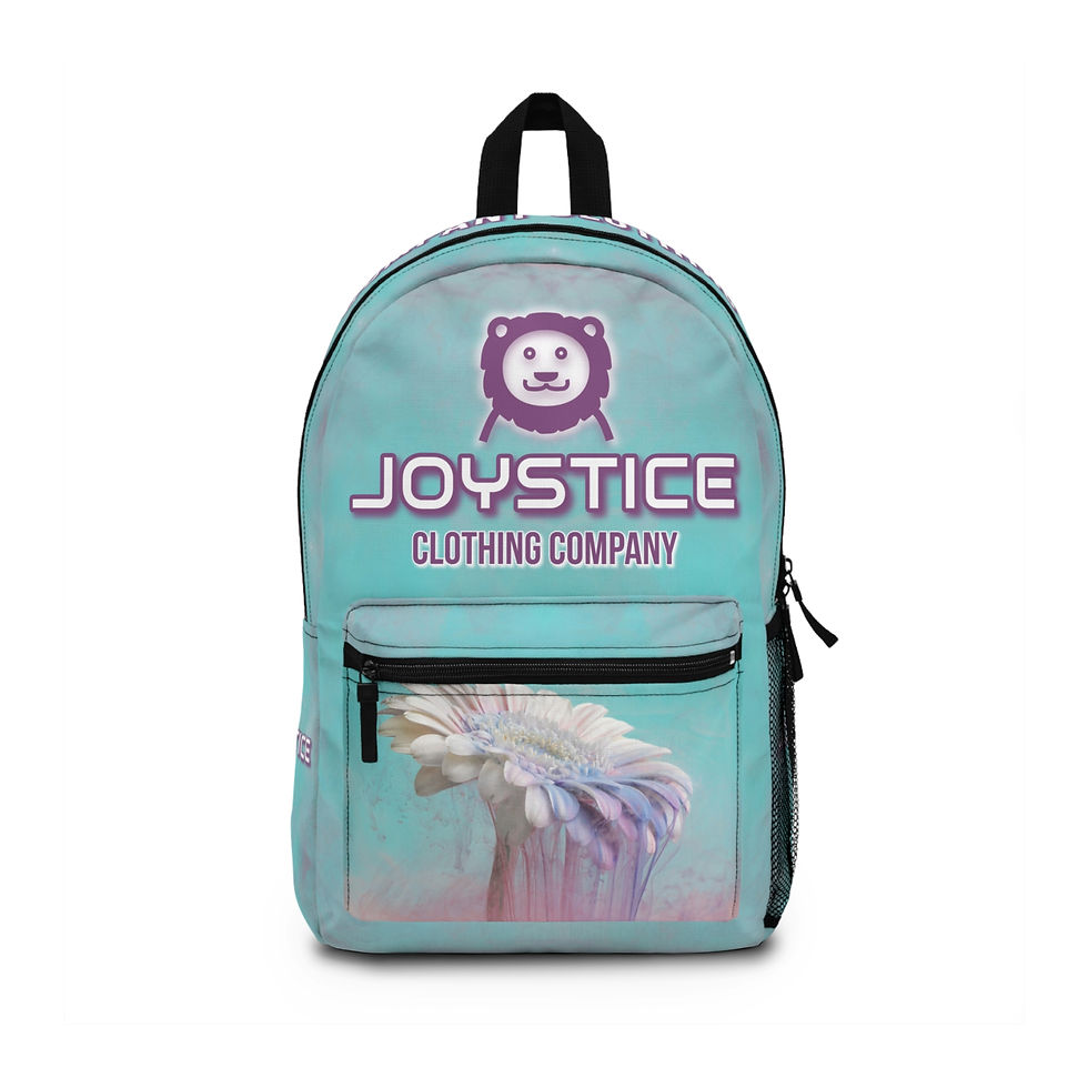 Joyful lion wispy daisy Clothing Company print light turquoise color backpack front view.