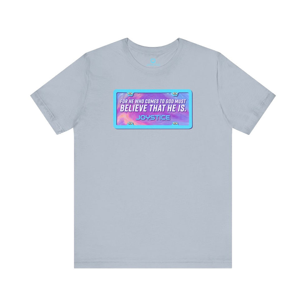Thumbnail: Colorful license plate print with Bible verse light greyish blue shirt front view.