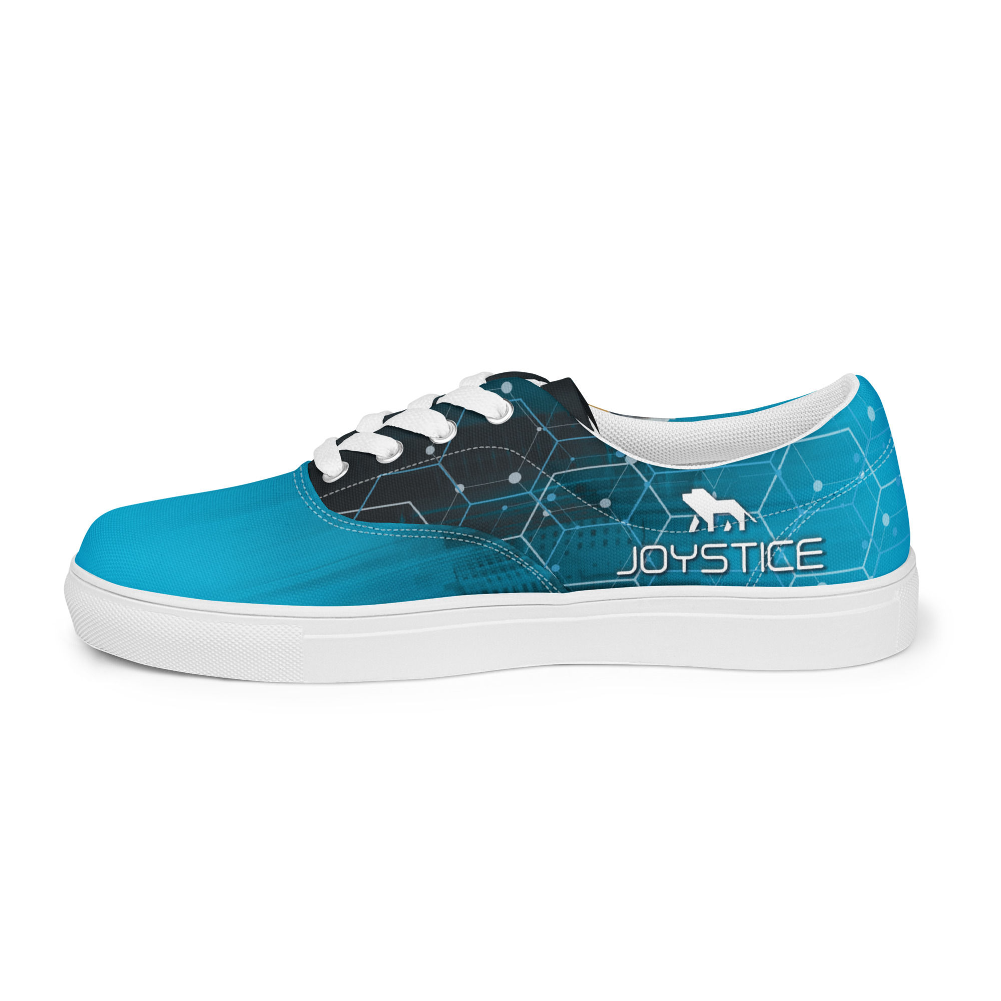 Aqua blue cybernetic digital female face low profile canvas shoe design left outside view.