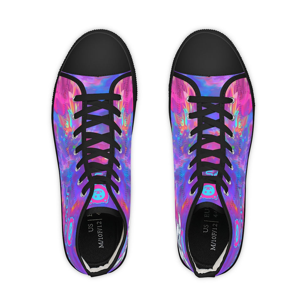 Thumbnail: Funny Joyful Lion In Spacesuit Print Black Purple Hi Top Sneakers Back Outside Top Shoes View