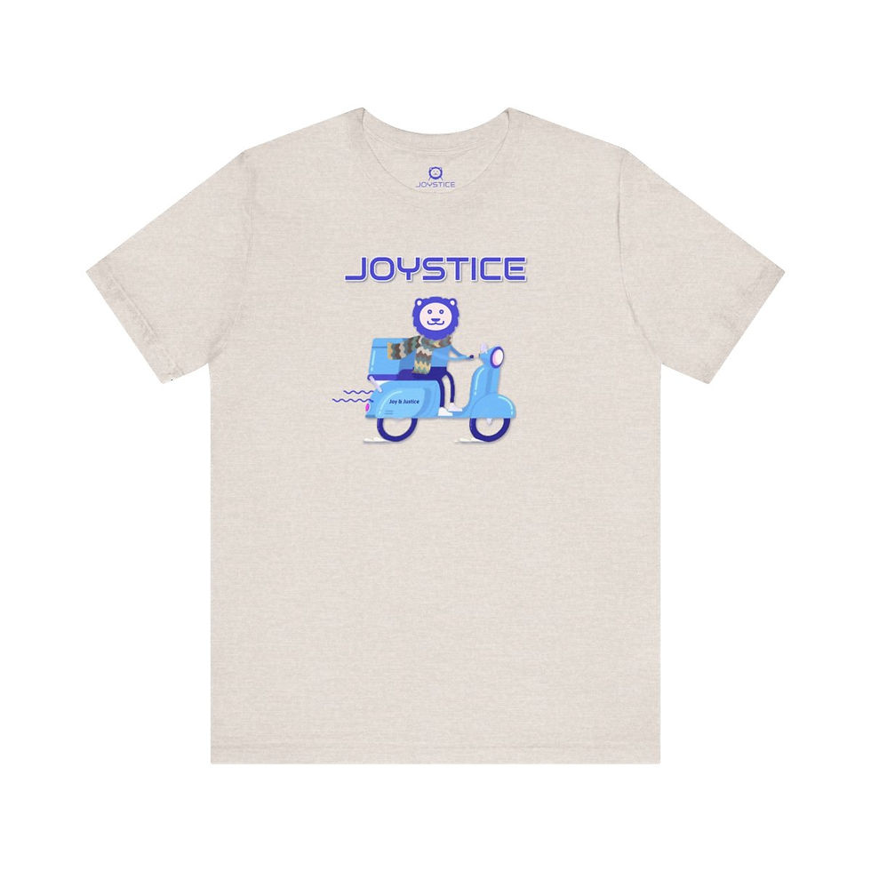 Thumbnail: Joyful lion riding moped hurriedly print heather light tan color shirt front view