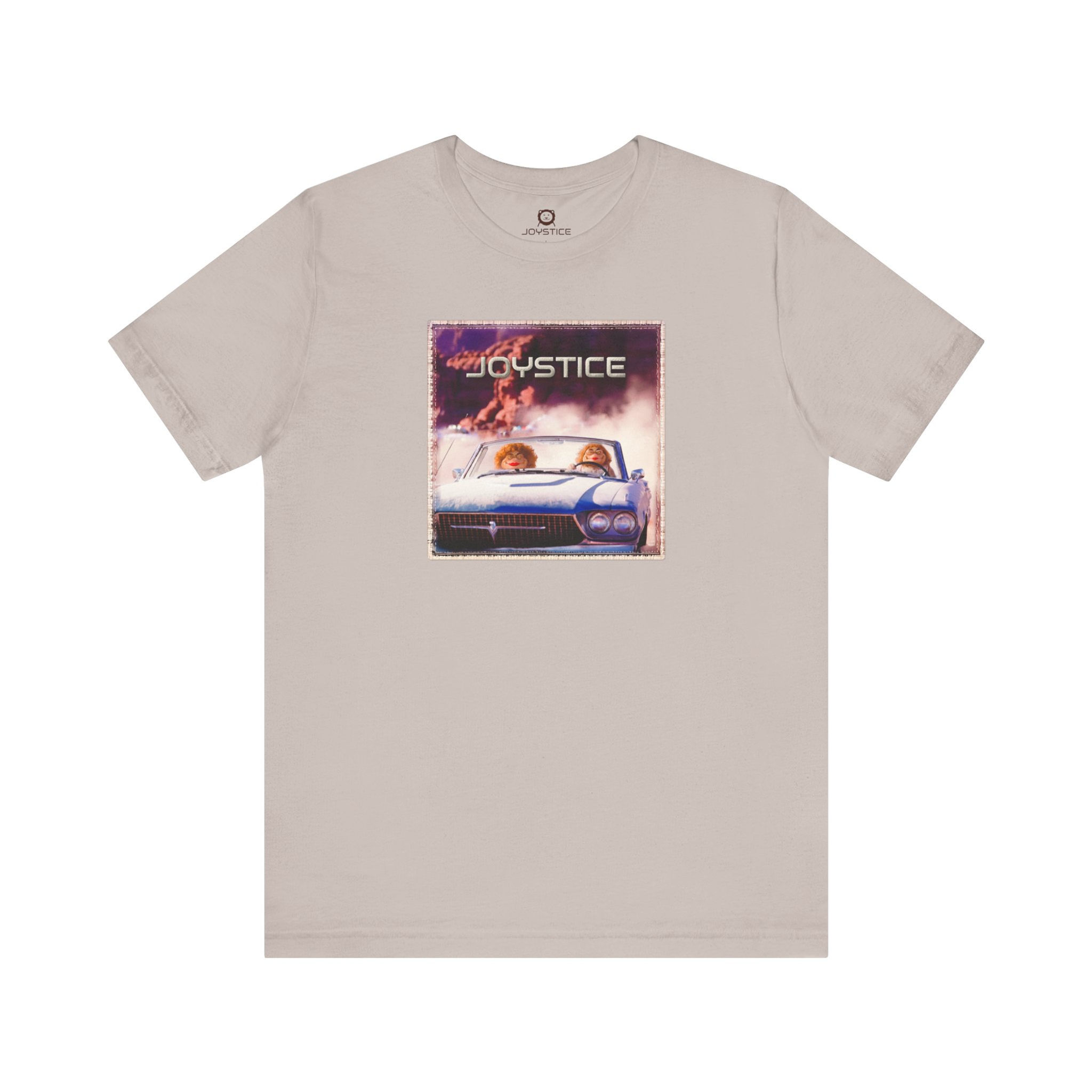 Funny muppet like girl characters driving a convertible from the police tan grey color shirt front view.