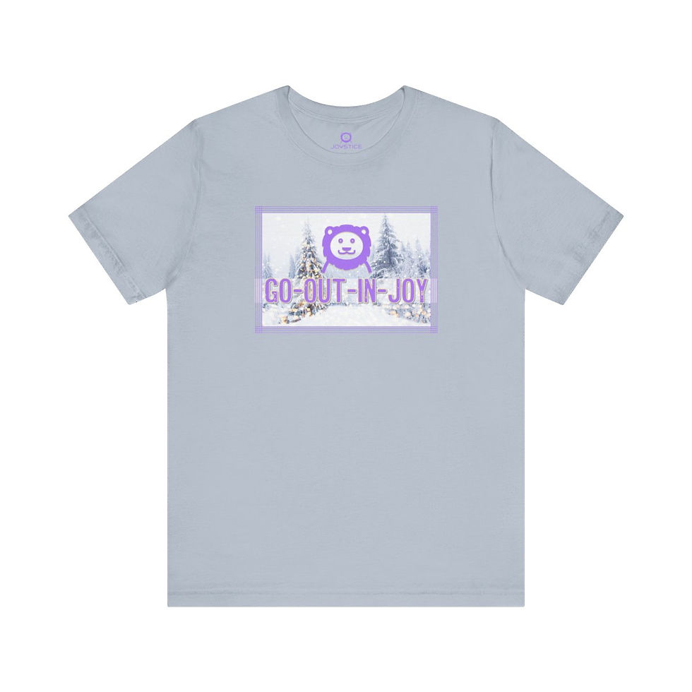Thumbnail: Joyful lion in snowy pines with Bible verse print light greyish blue shirt front view.