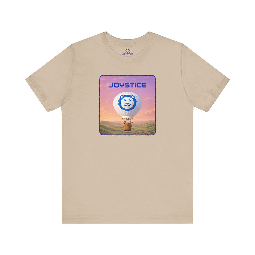 Thumbnail: Big hot air balloon with lion face emblem and funny family in basket on pretty horizon heather peach color shirt.