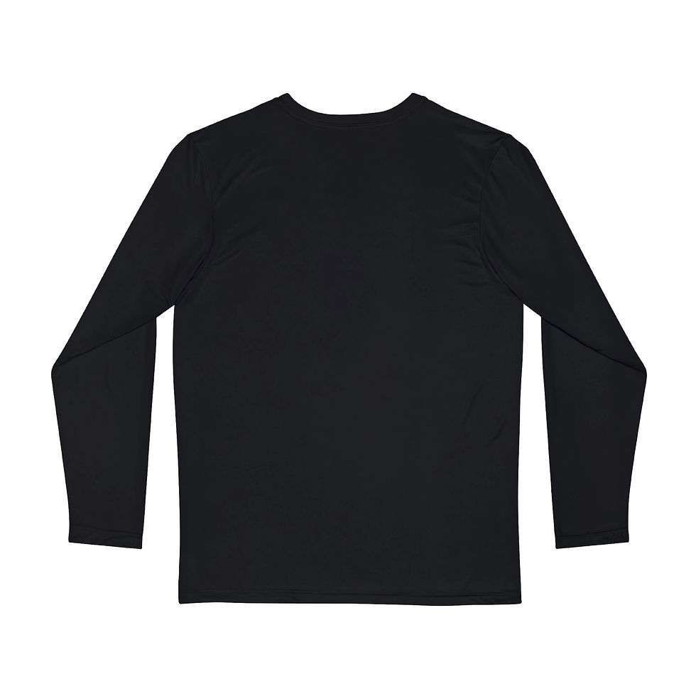 Joystice platinum necklace chain on tuxedo print long sleeve tee back view.