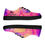 Thumbnail: Bright multi pink and purple color swirl low profile design shoes with fierce lion emblem logo upside down shoes view.