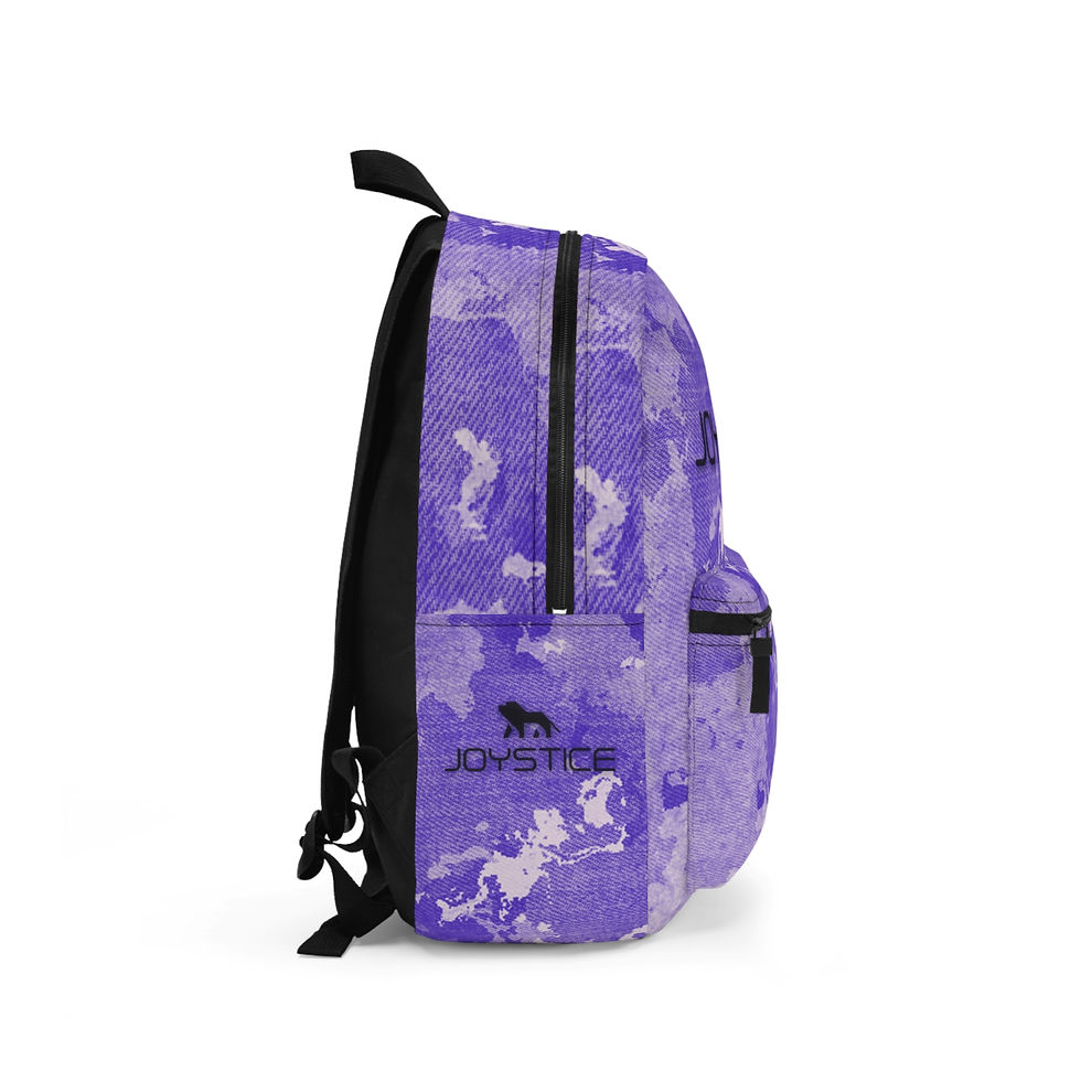 Fierce lion logo purple continents camo print backpack left view.