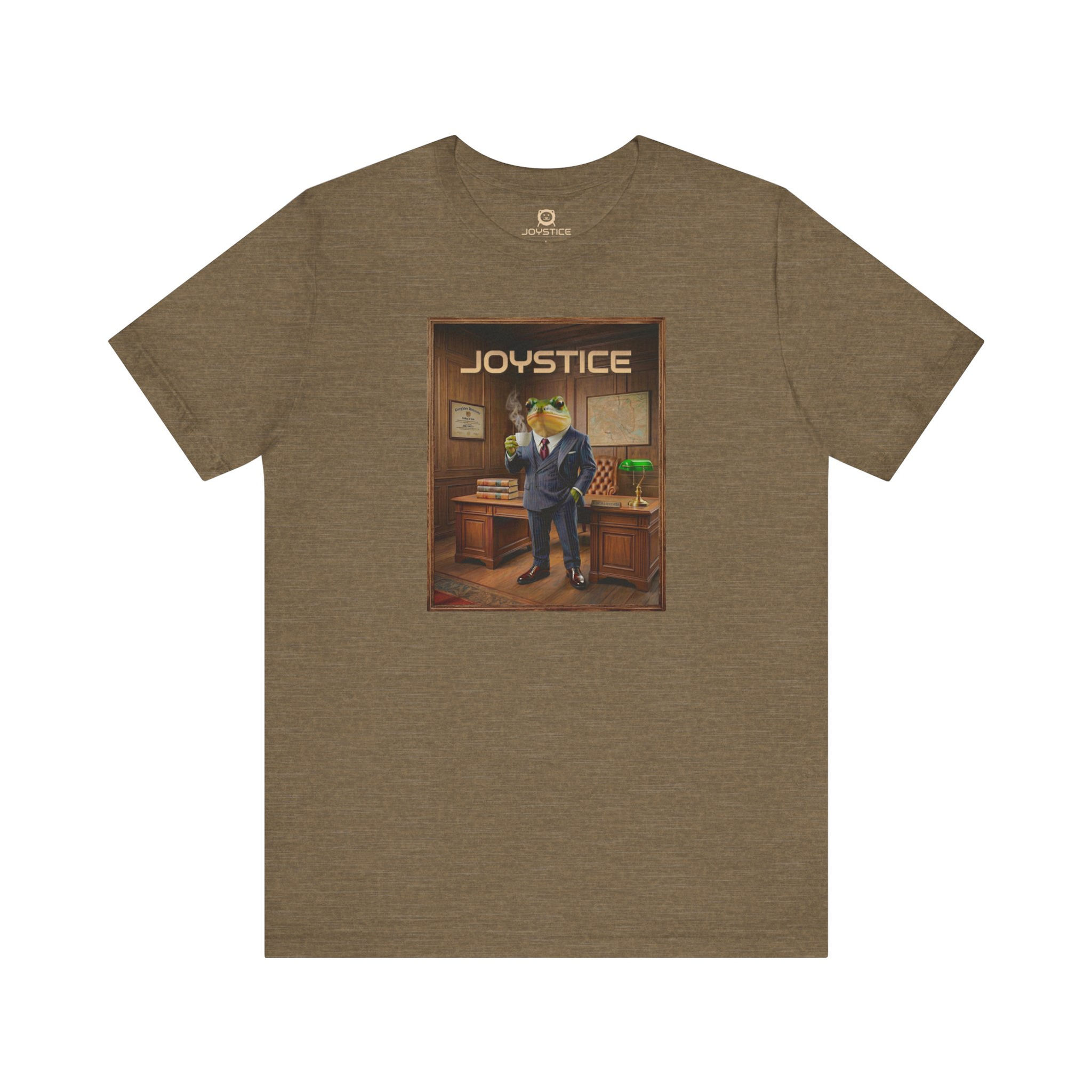 Funny professor gangster looking frog drinking coffee in office tee heather olive brown color.