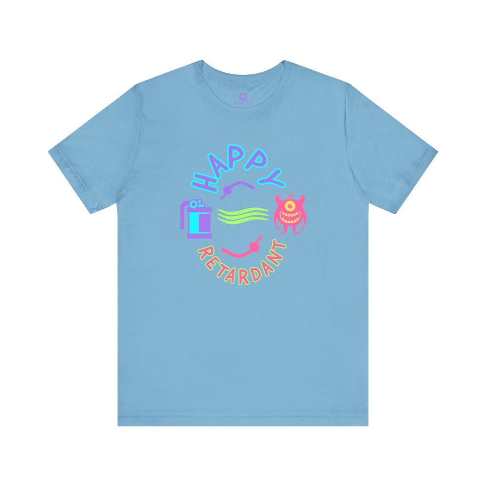 Thumbnail: Funny small monster smelling gas spray blue shirt front view.