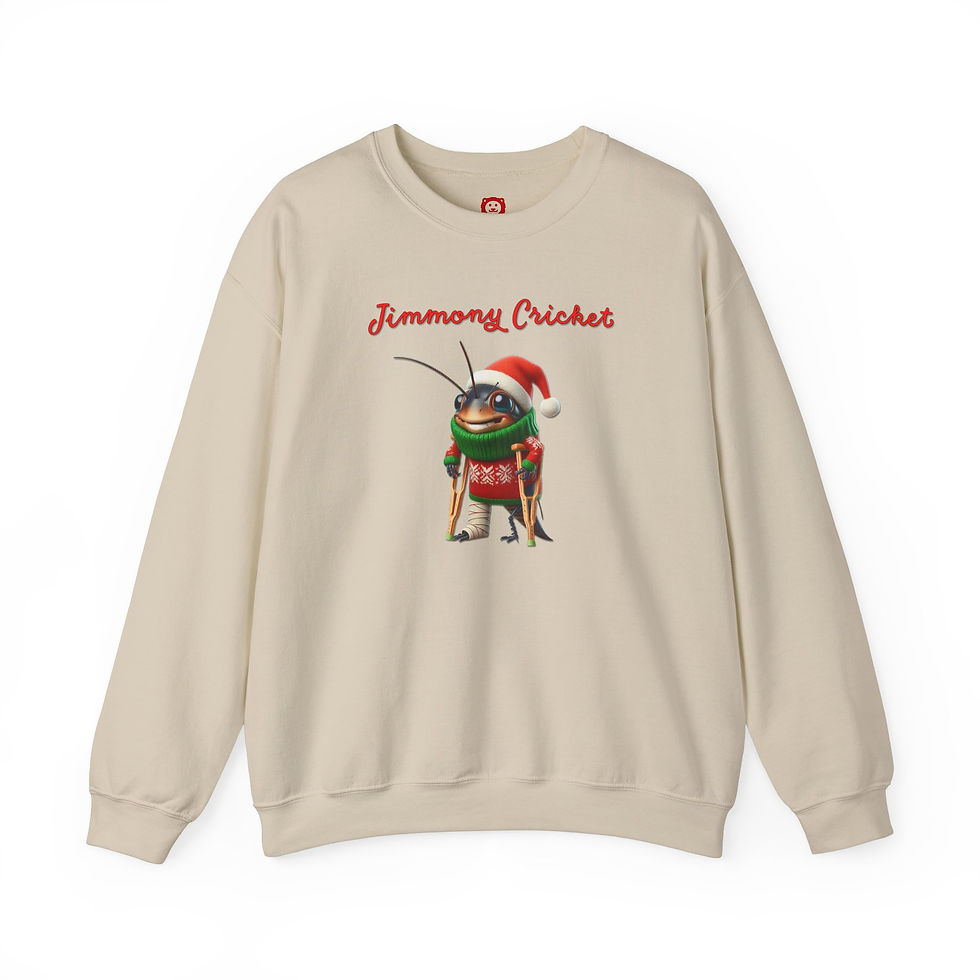 Thumbnail: Funny cricket with crutches tan Christmas sweater front view.
