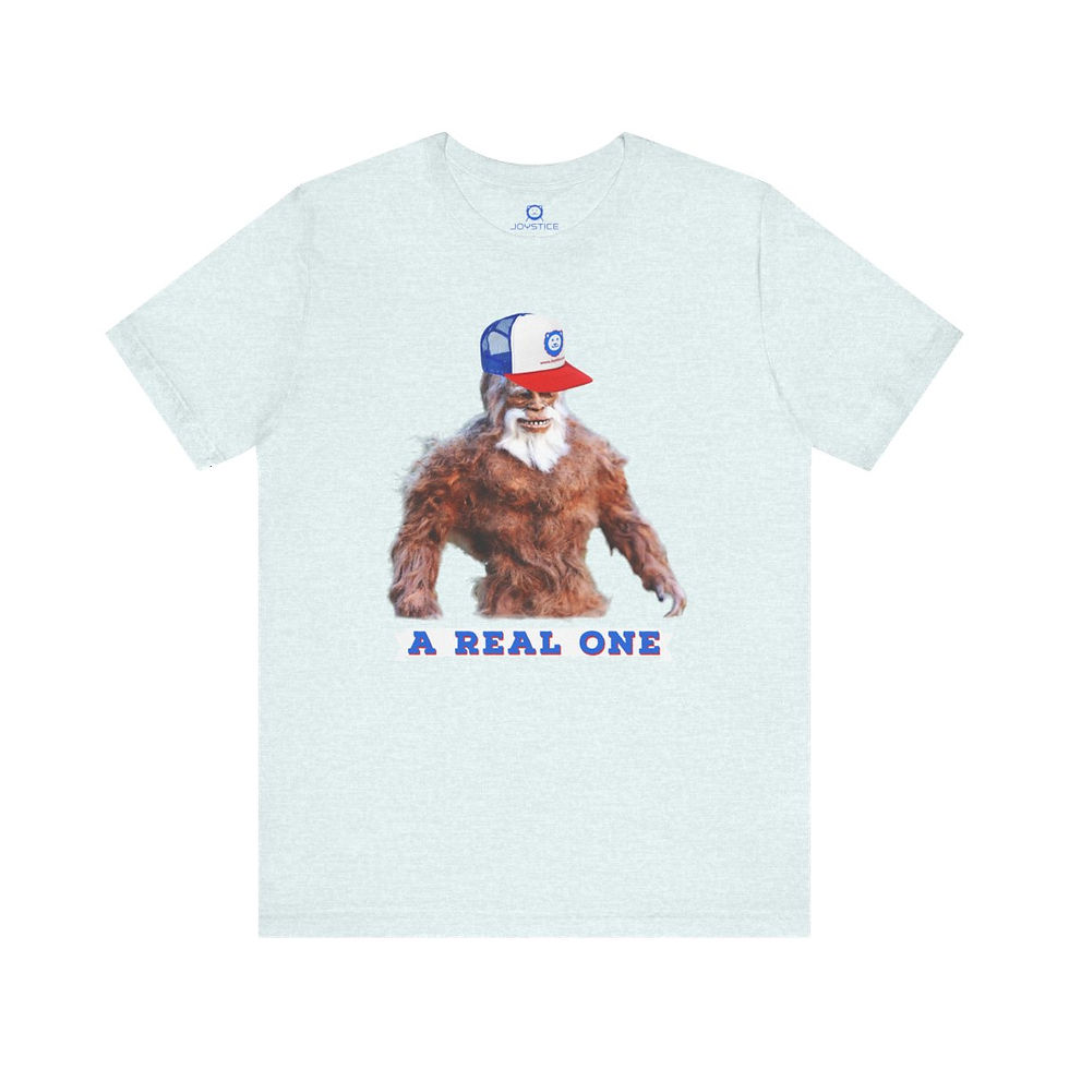 Thumbnail: Funny bigfoot sasquatch wearing a hat with joyful lion patch ice blue shirt front view.