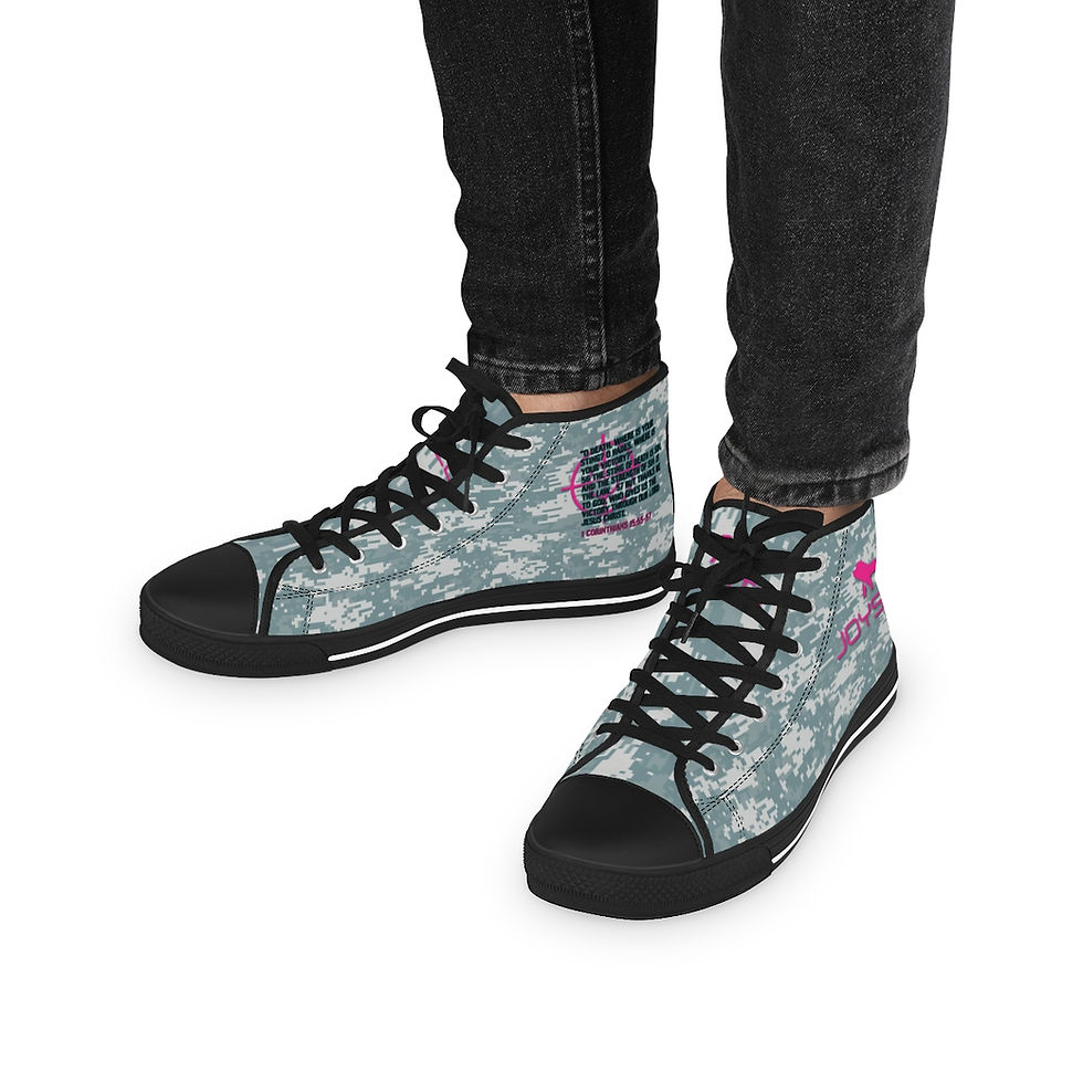 Thumbnail: Fierce Lion Pink Logo With Bible Verse Print Camouflage Sneakers Model Wearing Both Shoes View