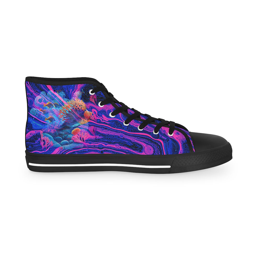 Purple and pink swirl with coral black high-top sneaker style shoes inside front left view.