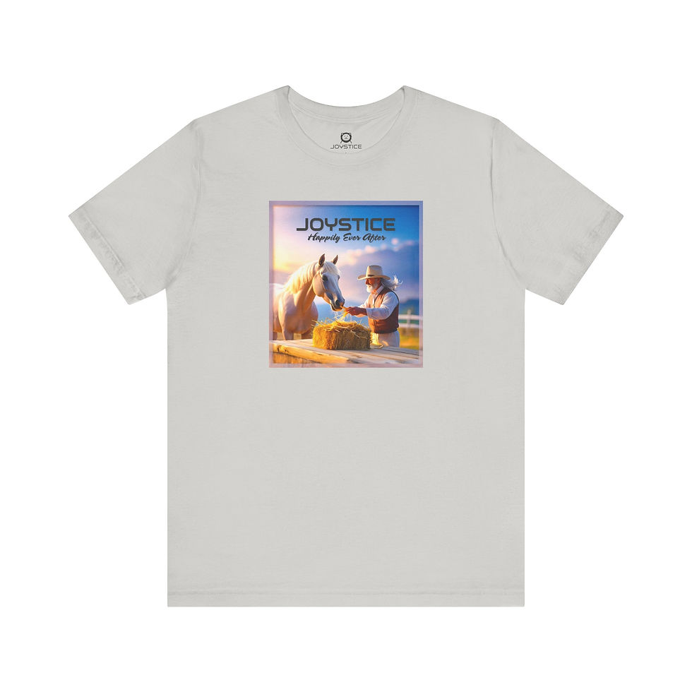 Thumbnail: Funny elder cowboy feeding hay to angelic horse grey shirt front view.
