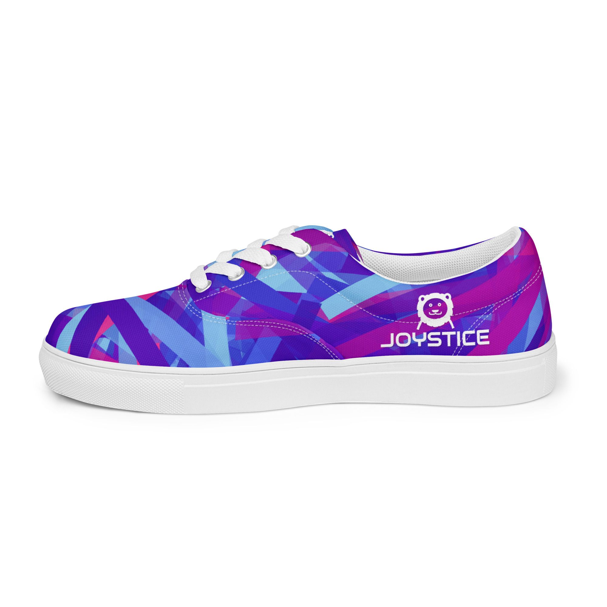 Bright color blue and purple tape stripe shoes with joyful lion logo left outside view shoes.