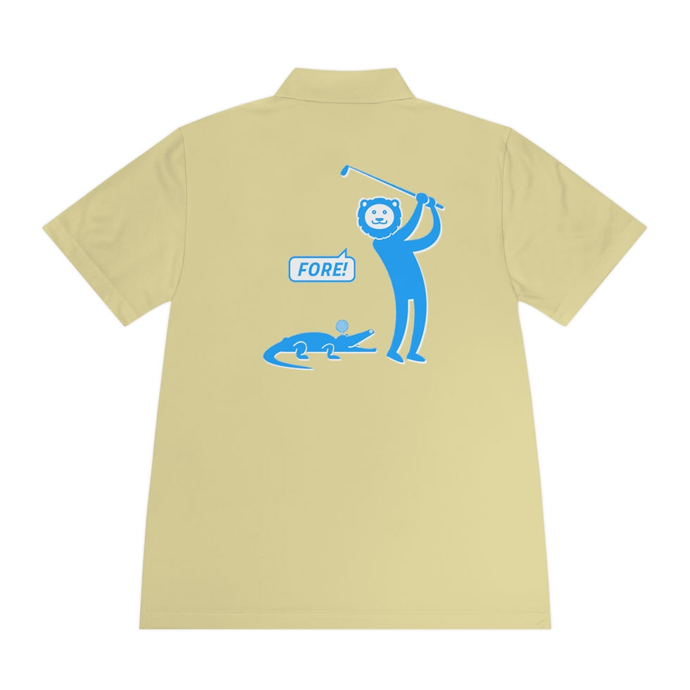 Thumbnail: Joyful Funny Lion Swinging Golf Club Emerald Yellow Tan Polo Shirt Back View