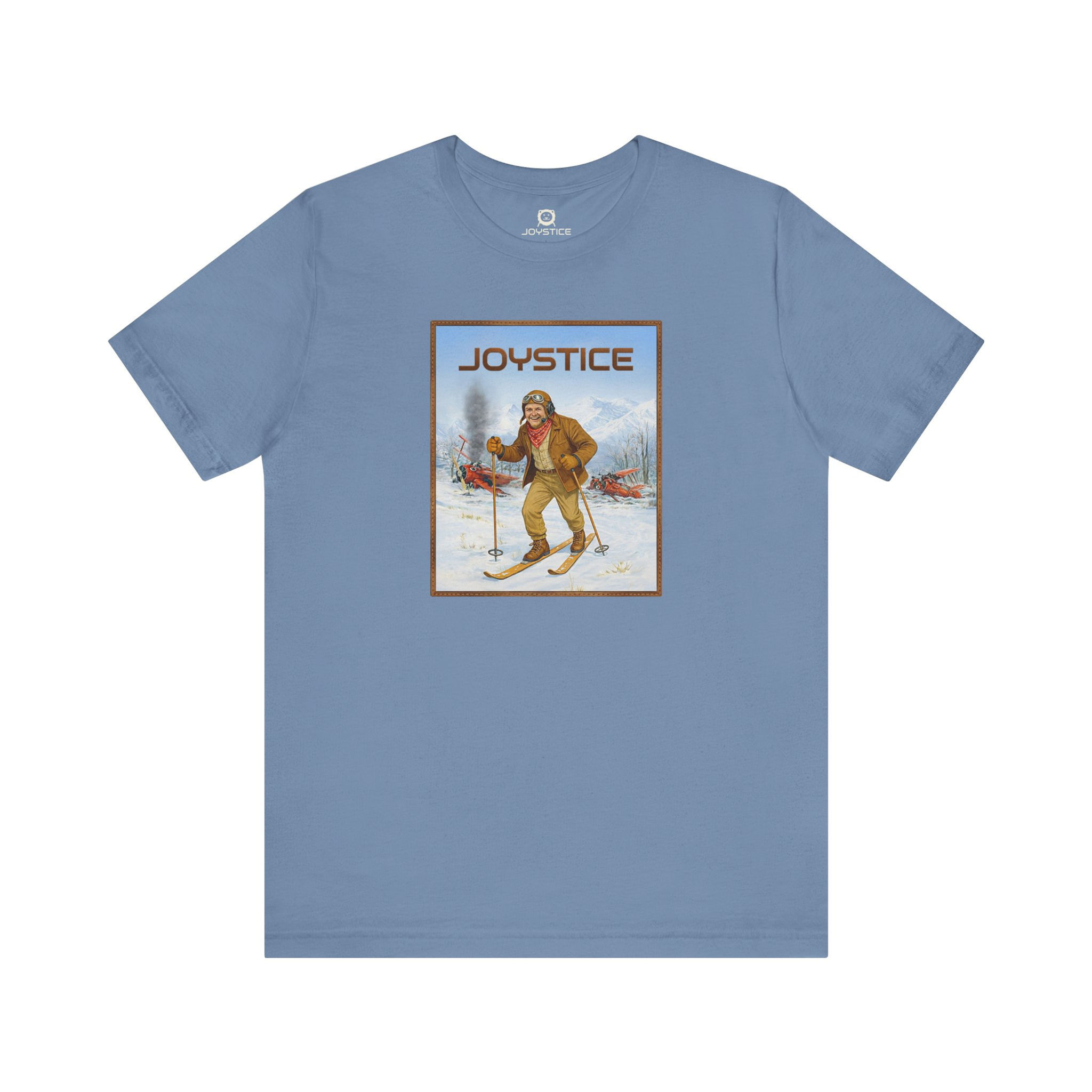 Funny aviator plane crash landed skier blue color shirt front.