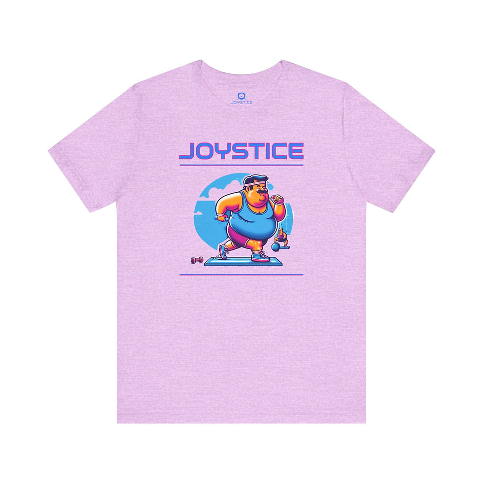 Funny heavyset guy doing aerobics bright pink shirt front view.