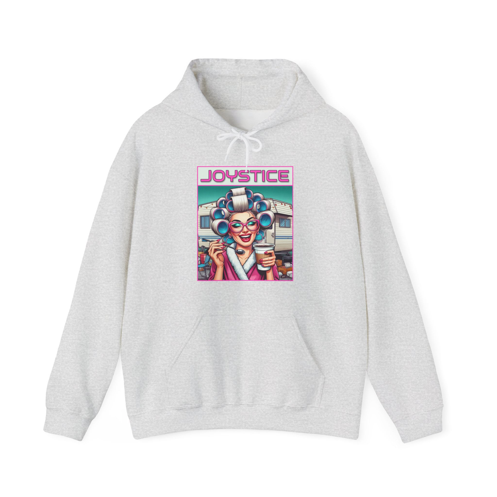 Joyful funny lady with curlers in hair drinking coffee ash grey hoodie.