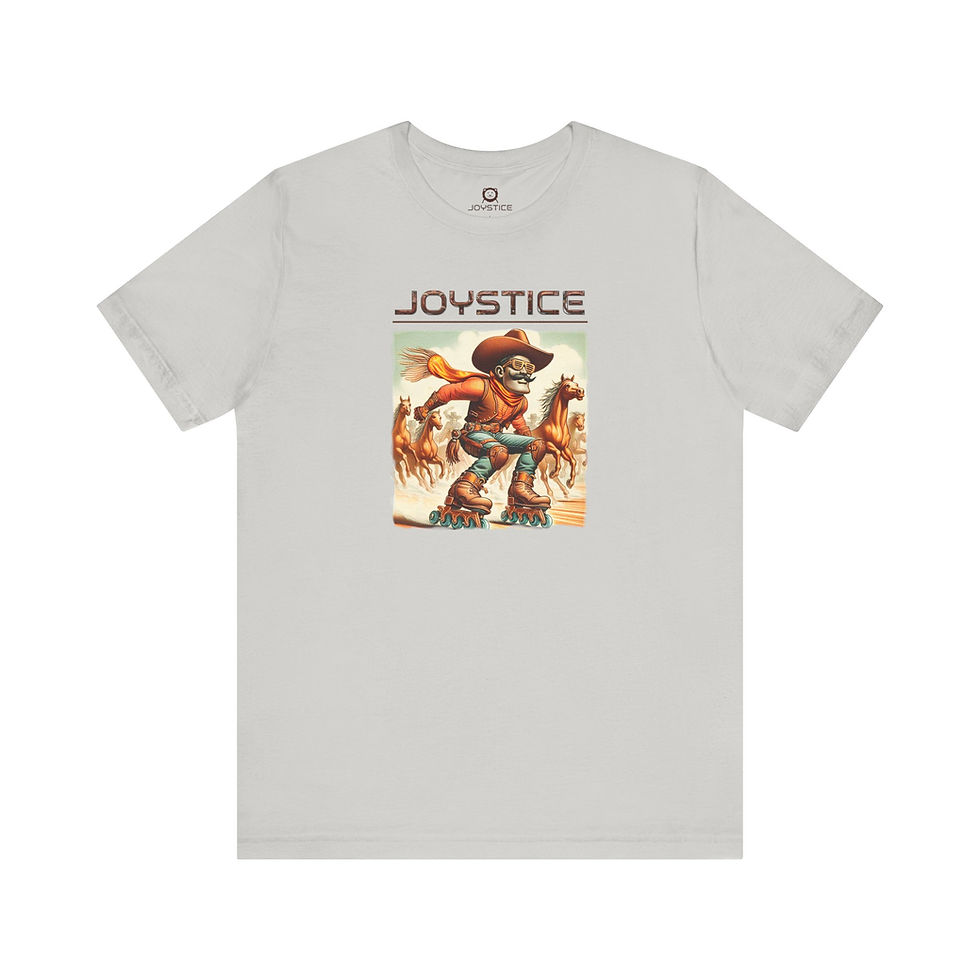 Funny roller blader cowboy riding in a stampede of horses silver grey shirt front view.
