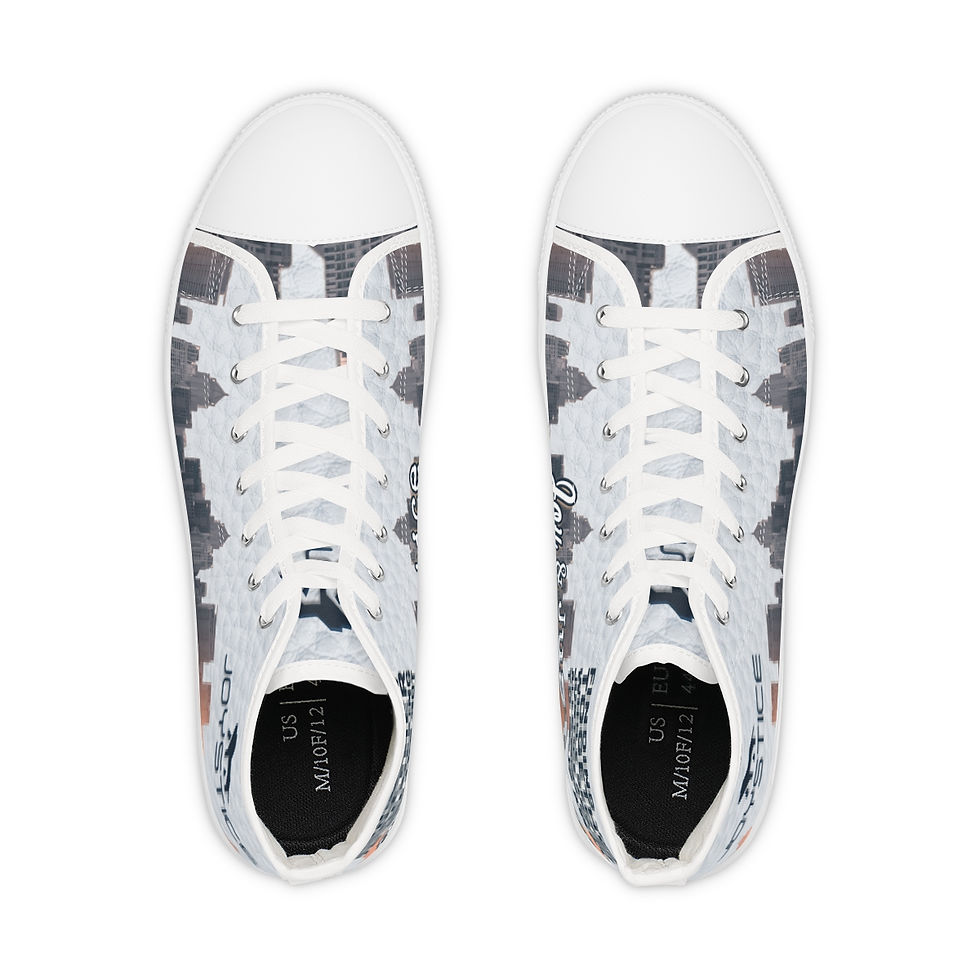 Thumbnail: City skyline fierce lion logo both white sneakers outside top view.