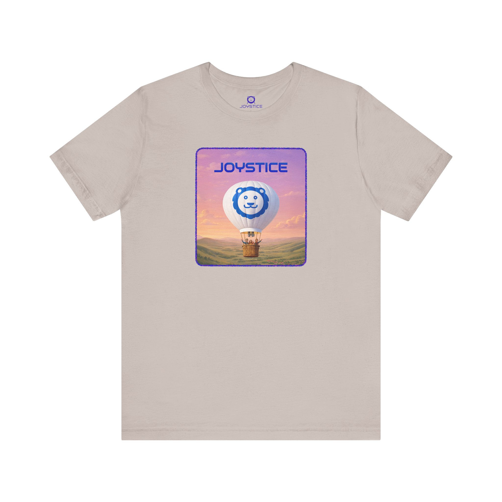 Big hot air balloon with lion face emblem and funny family in basket on pretty horizon tan color shirt.