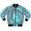 Thumbnail: Fierce lion logo emblem aqua green with swirl bomber style jacket front view.
