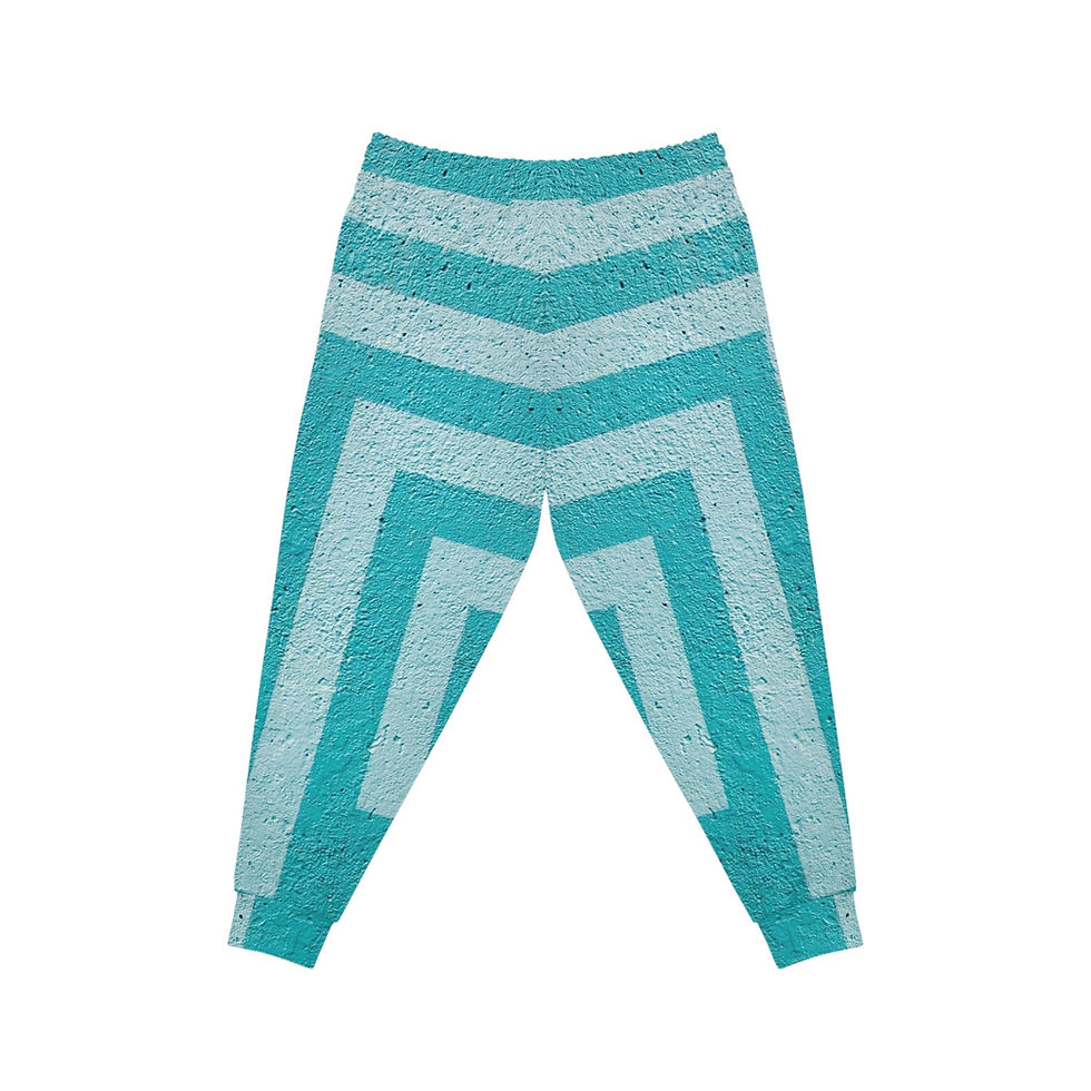 Turquoise maze cinderblock texture jogger pants back view.