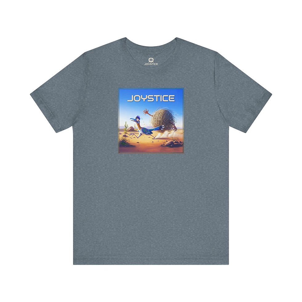 Funny roadrunner running from tumbleweed with arms heather grey color tee.