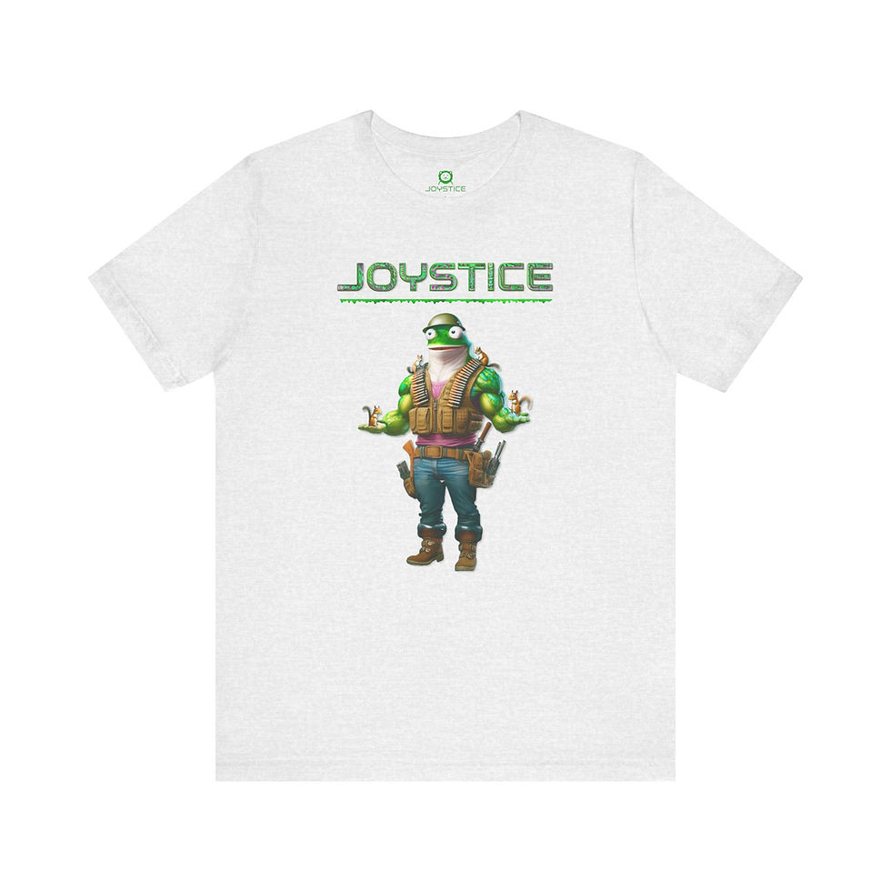 Thumbnail: Funny buff ninja frog holding squirrels ash grey shirt front view.