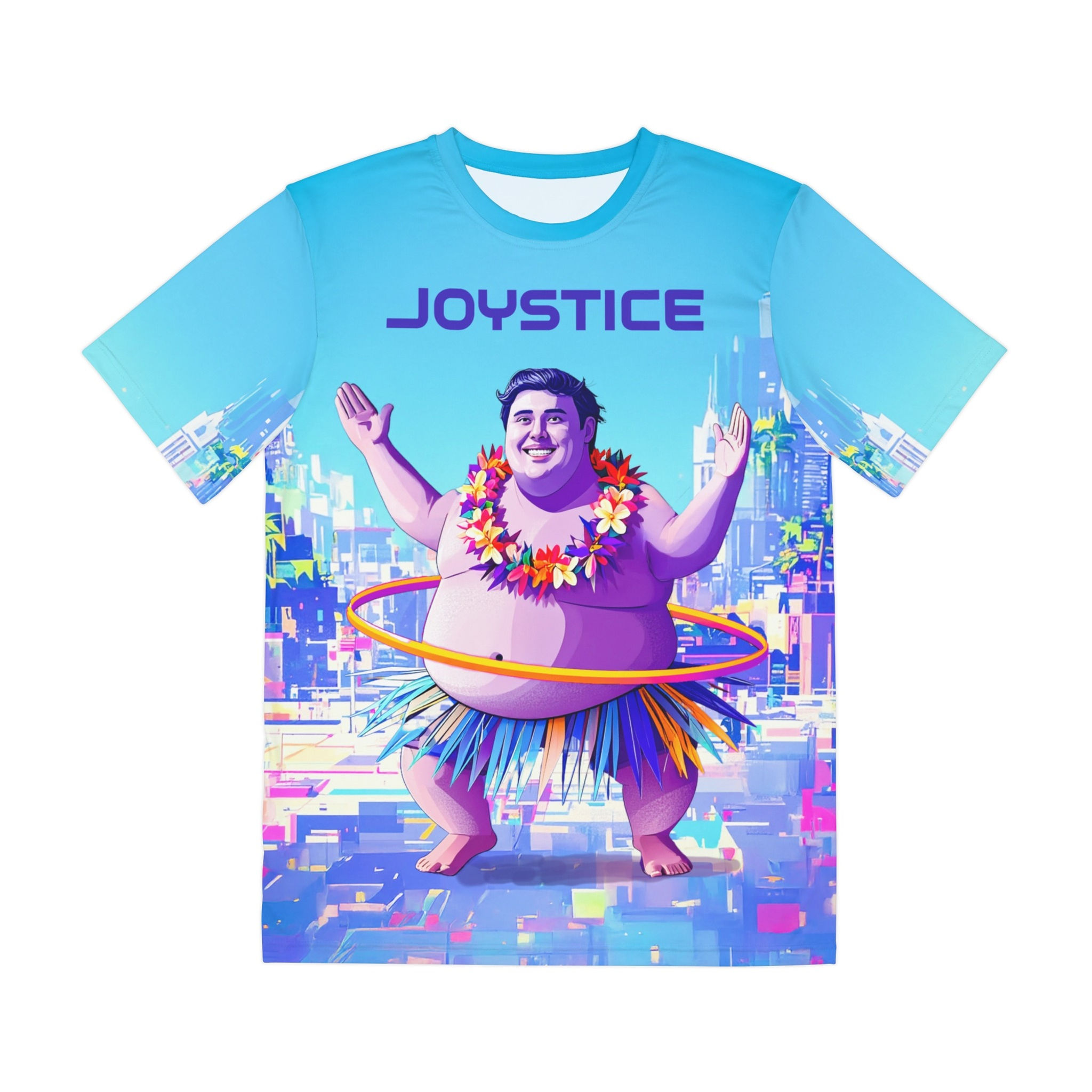 Big funny Hawaiian guy dancing with a leigh and hula hoop dancing light blue shirt front view.